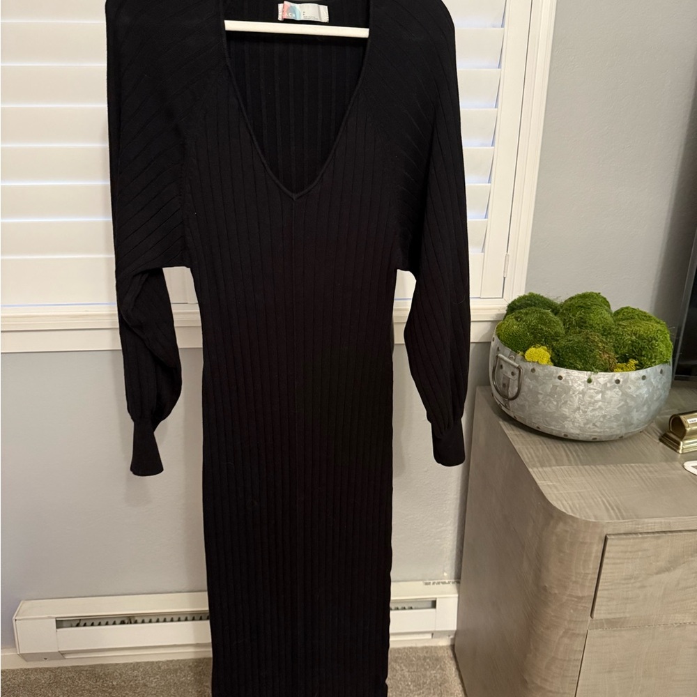Free People Elegant Black Ribbed Long Sleeve Dress